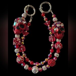 Red Rhinestone Skull Beaded Bag Charm / Keychain